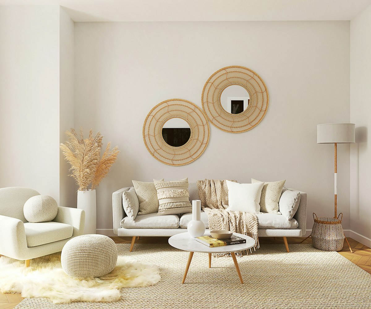 Contemporary living space with a soft neutral palette and natural textures